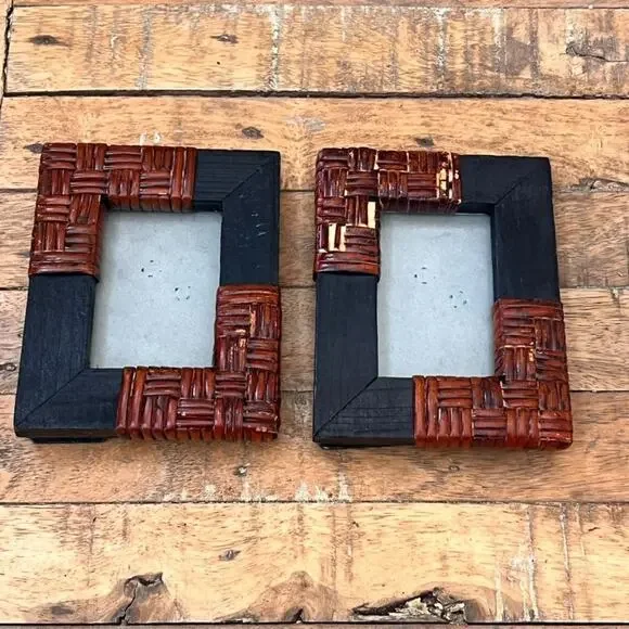 Vintage Dark Walnut Wood Woven Rattan Picture Frames 3x2