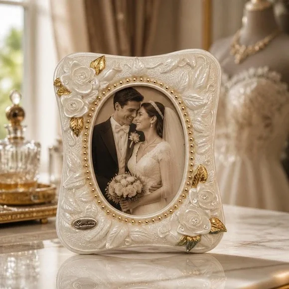 Ceramic Picture Frame Santini Roses & Rhinestones Design with Gold Accents