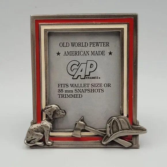 1988 Old World Pewter Firefighter Photo Frame Dalmation Axe Hat Wallet Size USA