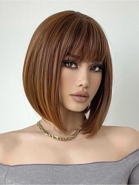 Brown Bob w/ Bangs 12 Inch Wig Women's Short Straight Cosplay Party NWOT