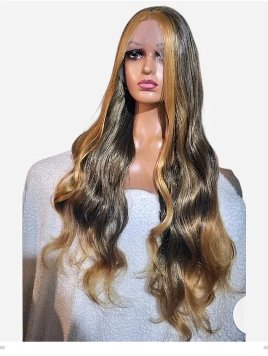 Blonde & Dark Brown Long Wavy Lace Front Wig - Natural Two-Tone Human Hair Blend