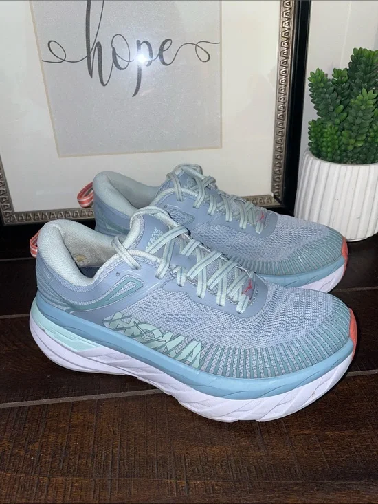 Hoka One One Bondi 7 Athletic Shoes Blue Fog/ Blue Glass Size 6.5D Wide Width