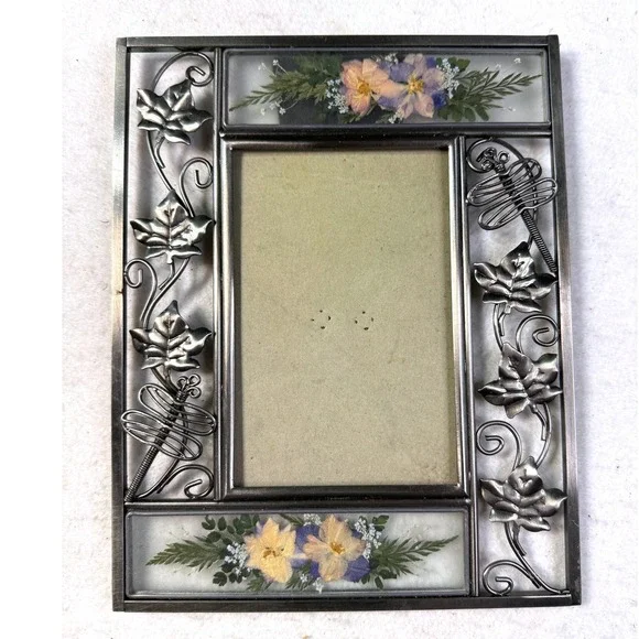 Vintage Pressed Flower Picture Frame Silver Dragonfly