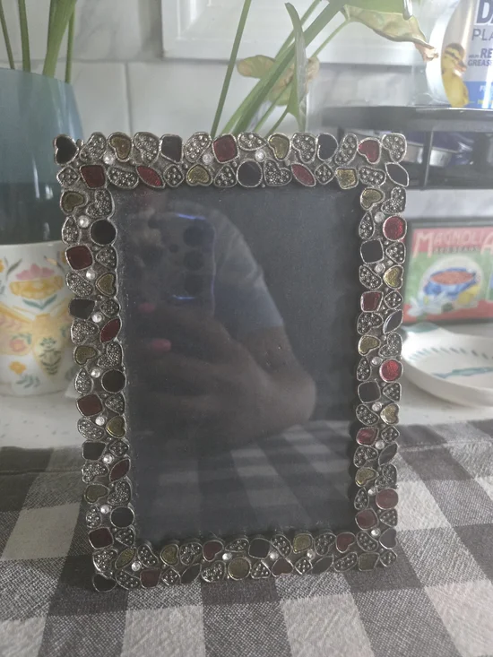 Vintage Ornate Bejeweled Enamel Metal Picture Frame, 4x6