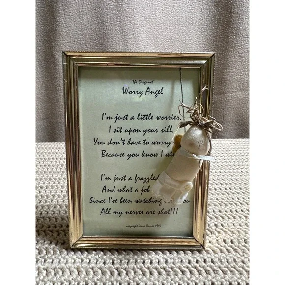 Vintage 1996 Diane Rumer The Original Worry Angel Framed Poem Gold Tone 5x7