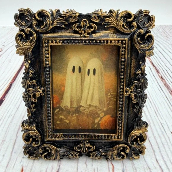 Handmade Ghost Decoupage Print Ornate Gold Black Resin Frame Halloween Decor