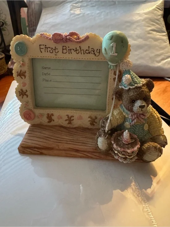 First Birthday Bear Picture Frame - Cream and Pastel Green