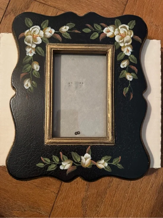 Hand-Painted Black Floral Picture Frame with Gold Inner Trim