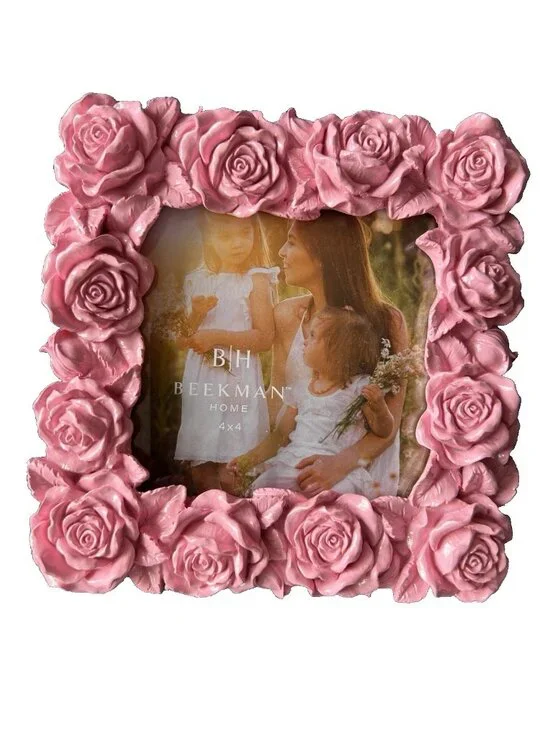 Shabby Chic PINK Roses 4x 4 Photo Frame Picture Holder Beekman Home Pretty