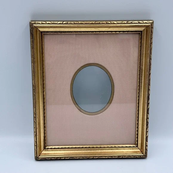 Vintage Ornate Gold Picture Frame Pink Fabric Oval Mat 7.5x8.5 Wall Decor