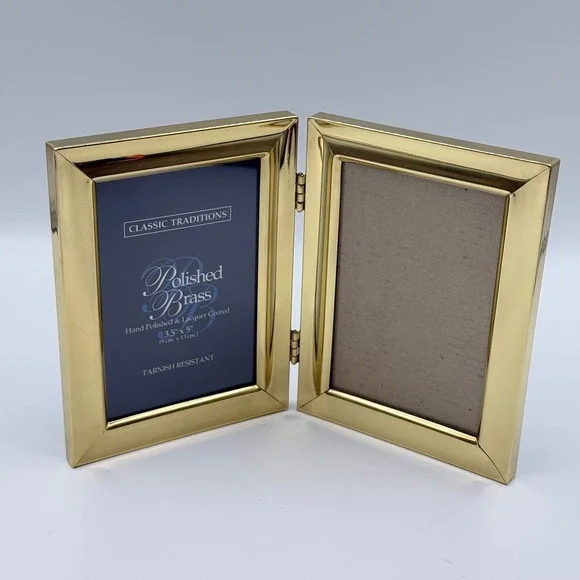 Classic Traditions Polished Brass Double Hinged Picture Frame 3.5x5 Gold Tone