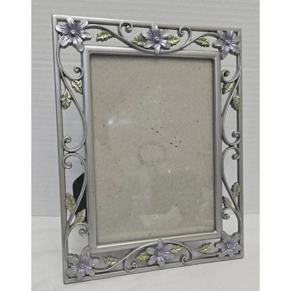 Vintage Ornate Silver Metal 5x7 Picture Frame with Purple Enamel Flowers