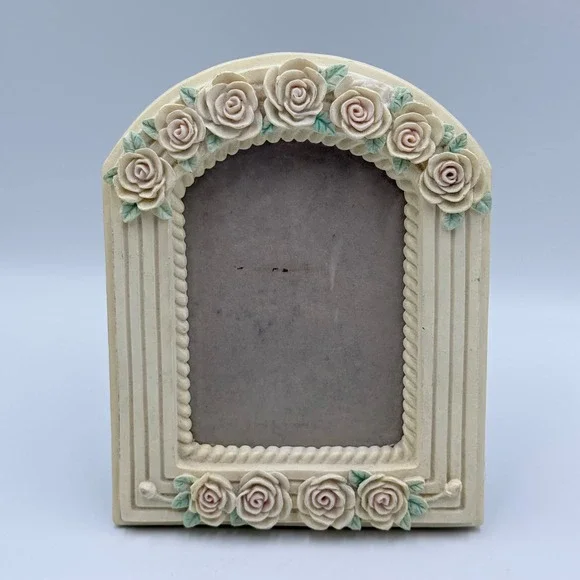 Vintage Arched Resin Picture Frame Pink Roses Cream Floral Tabletop Decor