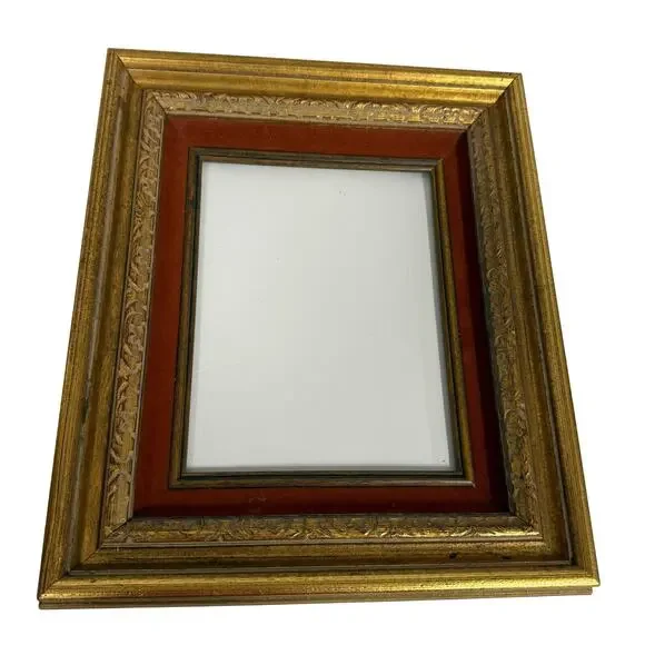 Vintage Deep Spoon Carved Wood Picture Frame Gold / Red Ornate Hanging Decor 7x9