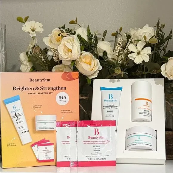 BeautyStat Travel Skincare Set in White, Pink, Blue