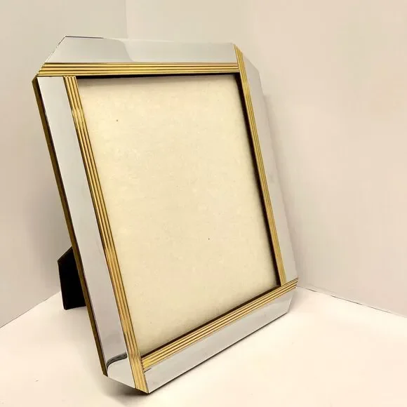 Art Deco Style Chrome & Gold Ribbed 8x10 Picture Frame Heavy Tabletop-Vintage