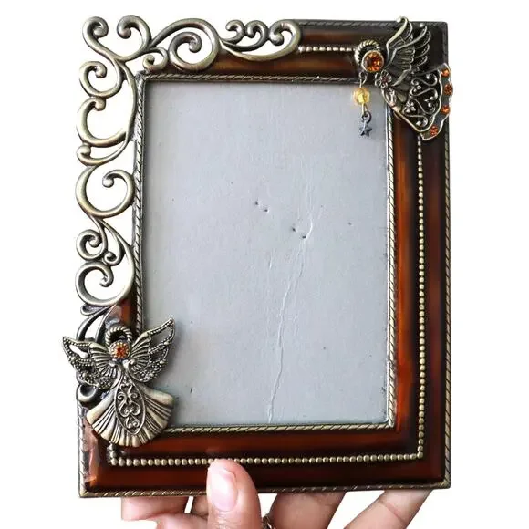 Vintage 90s Y2K Silver Pewter Angel Picture Frame Photo Ornate Brown Enamel 3x5