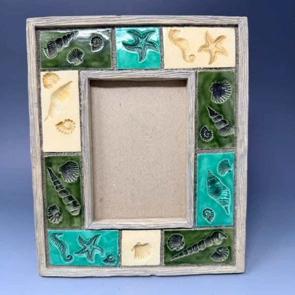 Coastal Ceramic Tile Picture Frame Green Teal Cream‎ Seashell Starfish 4x6