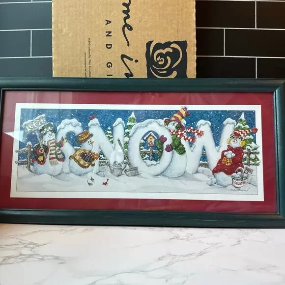 VTG Snowman SNOW Wall Art Decor Framed Print Home Interiors
