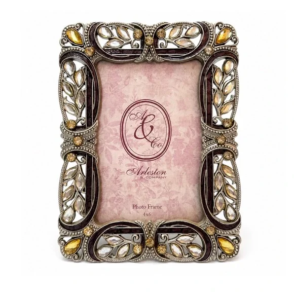 Hollywood Regency Inspired Jeweled Rhinestone 4x6 Picture Frame Ornate Silver