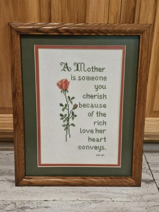 Framed Floral Mother Trubute Cross-Stitch Wall Art - Green and Pink
