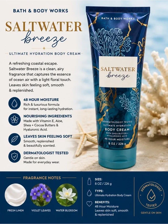 Bath & Body Works Saltwater Breeze Body Cream - Blue with Gold Accents