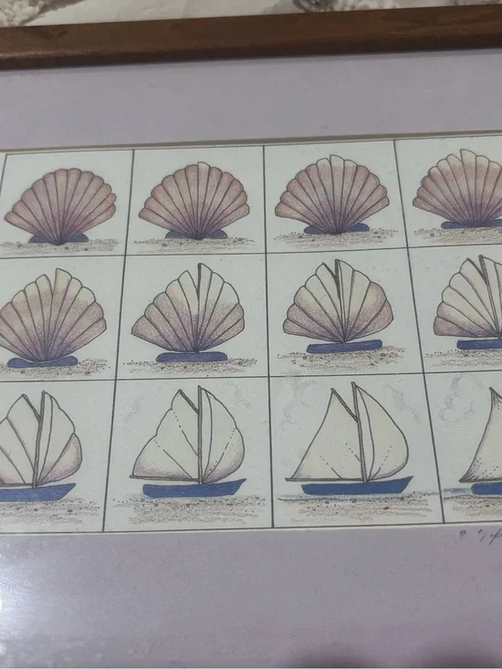 Coastal Shell & Sailboat Framed Art Print in Blue and Cream - Unbranded