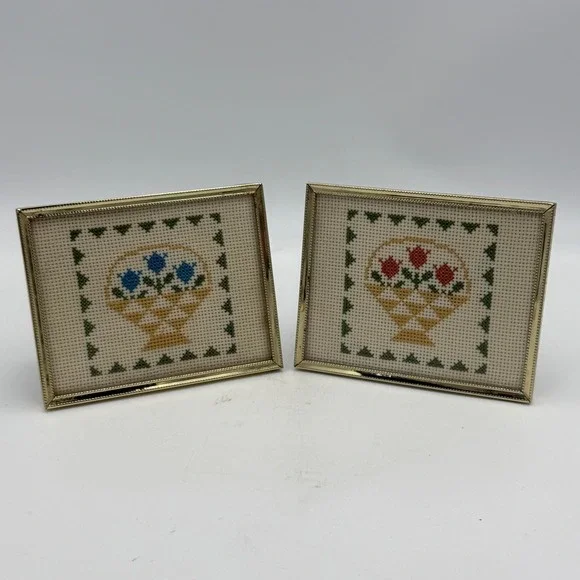 Vintage Framed Cross Stitch Art Set of 2 Mini Floral Basket Gold Tone Frames