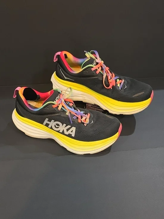 Hoka Bondi 8 Women’s Black Running Shoes with Rainbow Trim & Yellow Size 10