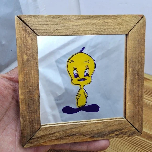 Vintage Mid Century Yellow Tweety Bird Painted On Mirror‎ wood frame 5