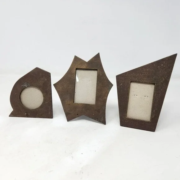 Vintage Brutalist Geometric Metal Mini Picture Frames Set of 3 Bronze MCM Style