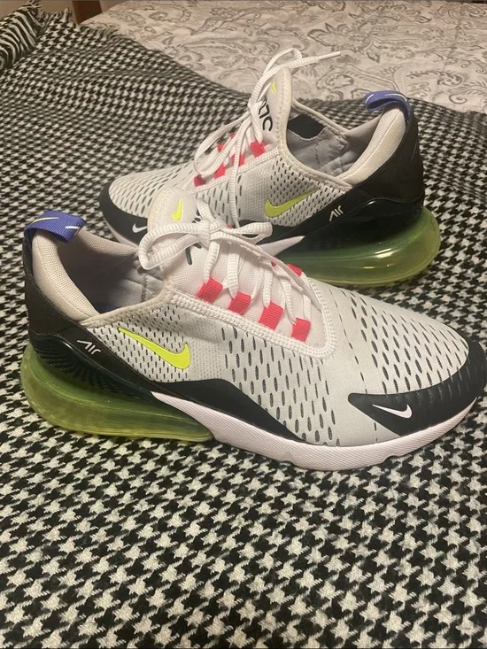Nike Air Max 270 White Black Volt Shoes with Purple Pull Tab