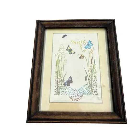 Vintage Franklin Picture Company Framed Art Print Flowers, Butterflies 4.5”x5.5”