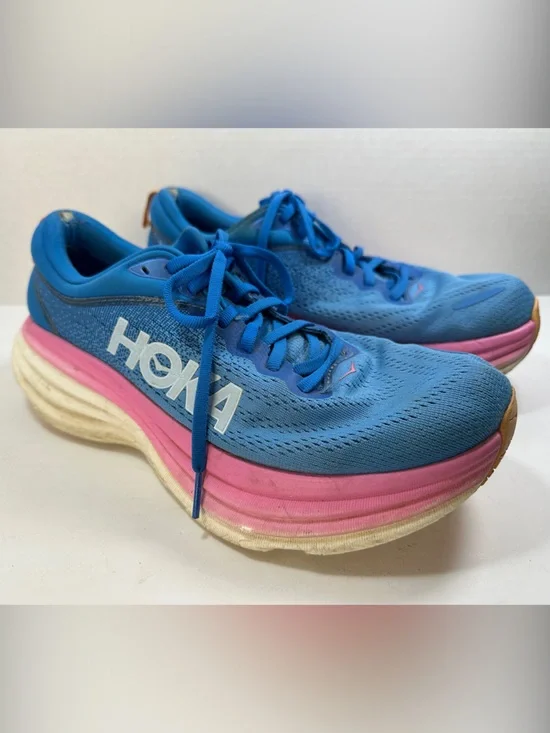 Hoka Bondi 8 Women's Blue Running Shoes Size 9 Pink Cream Midsole