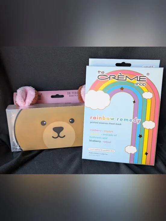 ❤️ Crème Shop Bundle! Teddy Headband, 3 Rainbow Remedy Retinol Sheet Masks
