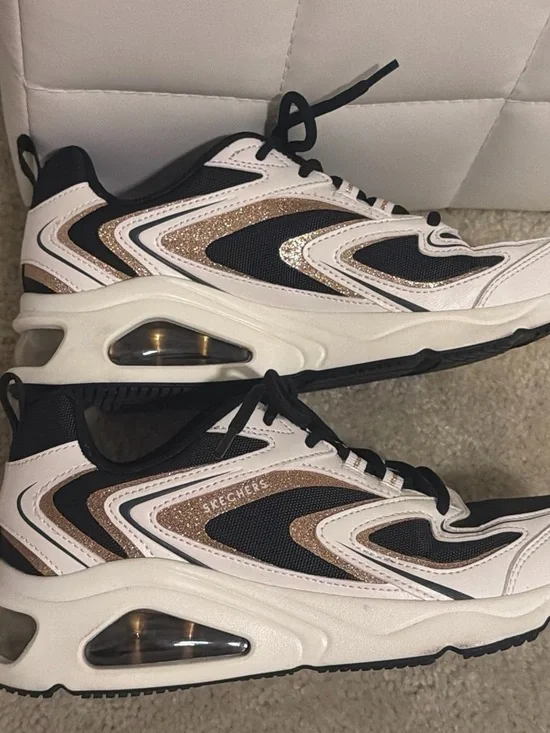 Skechers Women's White & Black Sneakers with Rose Gold Accents