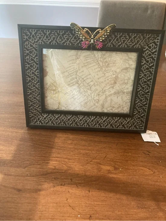 Carved Black Picture Frame with Pink and Gold jeweled Butterfly Accent