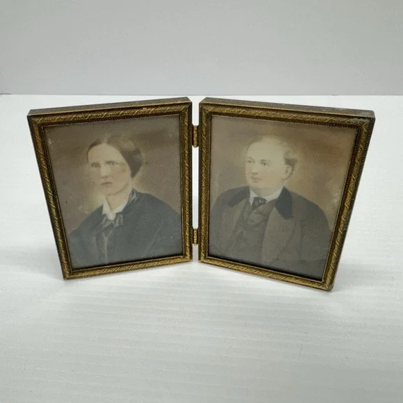 Pair of Antique Husband & Wife Color Portrait Miniatures Hinged Brass Frame