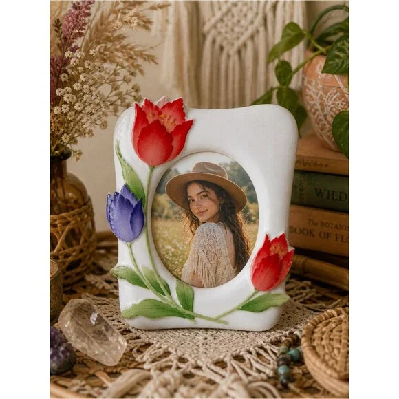 Vintage Japan Tulip Picture Frame Ceramic Floral Photo Frame Cottagecore Decor