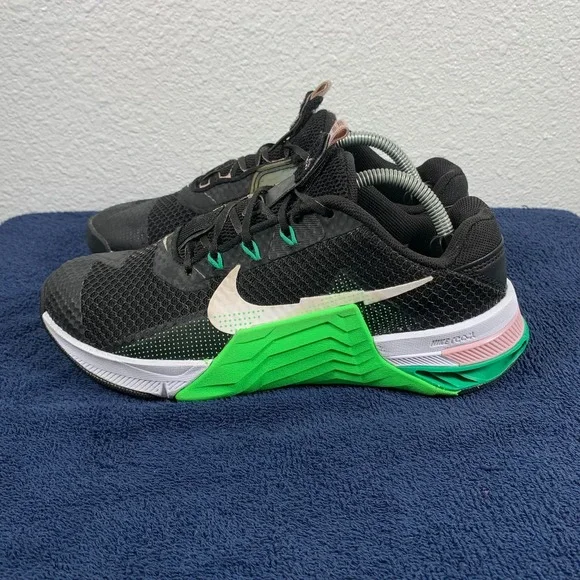 Nike Metcon 7 Womens 7.5 Black Green Strike Lace Lock Training Crossfit Shoes