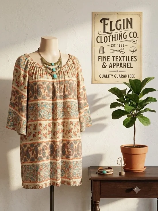 Catherines Cream Tunic with Turquoise and Brown Paisley Accents