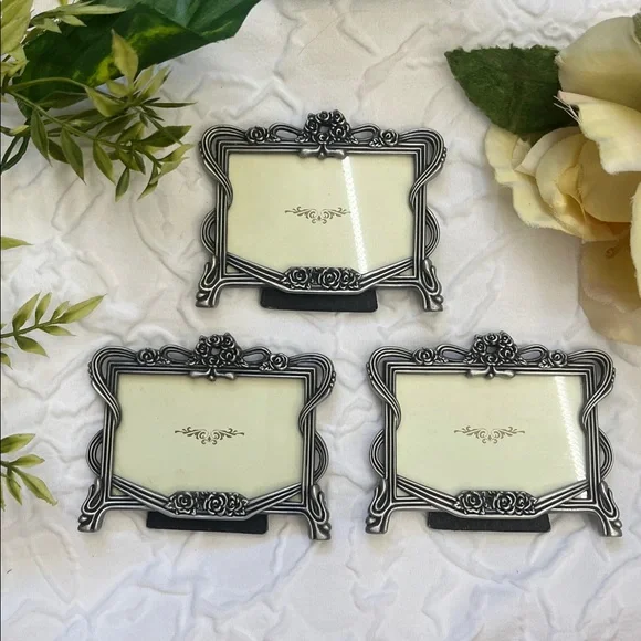 Vintage Floral Ornate Silver Photo Frame Set