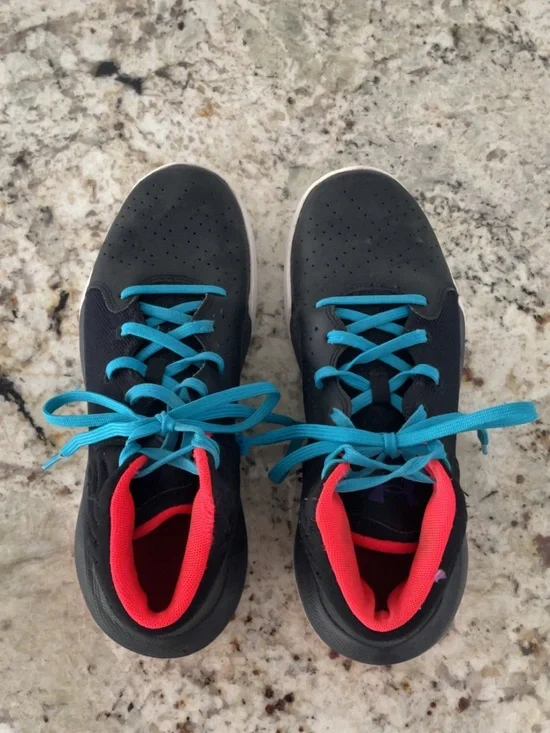 Women’s Black Athletic (basketball) Shoes with Bright Blue Laces & Coral detail