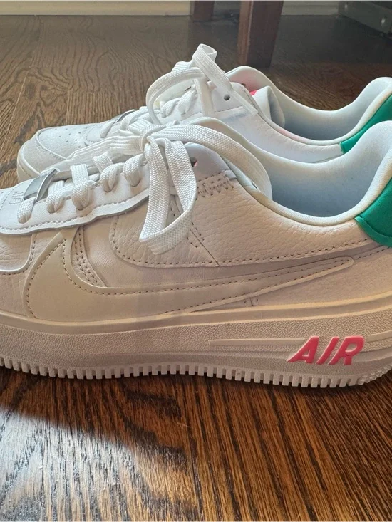 Nike White Leather Sneakers with Teal Heel and Pink AIR Accent