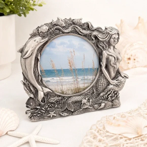 Vintage Cast Pewter Mermaid Dolphin Ocean Picture Frame 3x3 Coastal Beach Decor