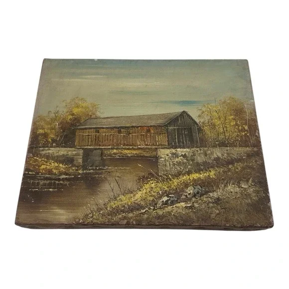 Vintage Wrapped Canvas‎ Picture of Covered Wooden Bridge Country Cottage 10