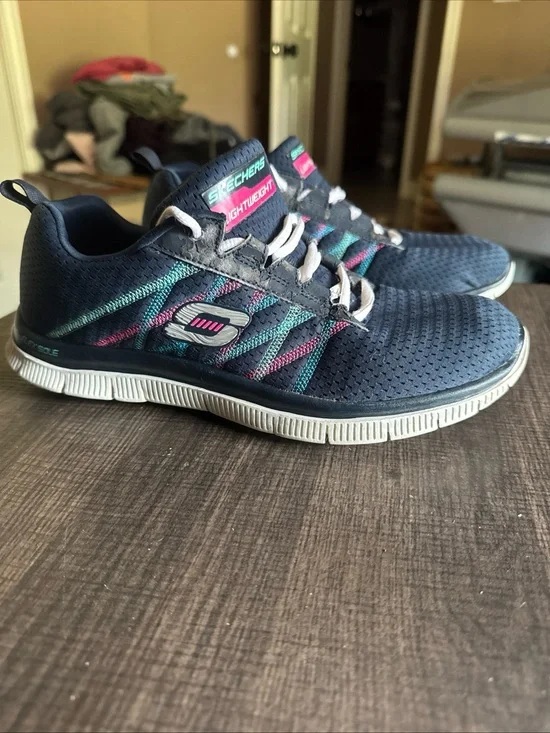 SKECHERS Flex Sole Women Size 8.5 Navy Lace-Up Textile Walking Sneakers