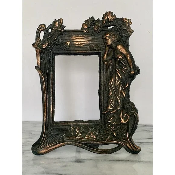 VTG Cast Iron W Copper Wash Photo Frame Art Nouveau Woman Floral w Stand