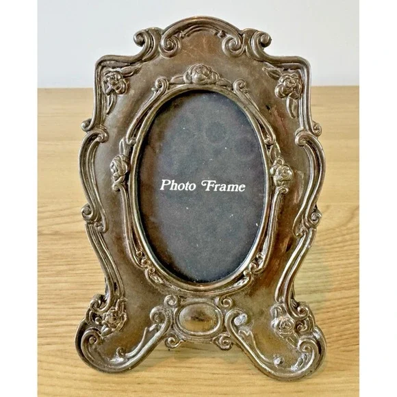 Ornate Silver Tone Oval Photo Frame Roses Floral Scroll Easel Back Victorian