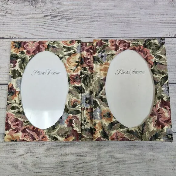 Vintage Fabric Covered Double Picture Frame Floral Tapestry